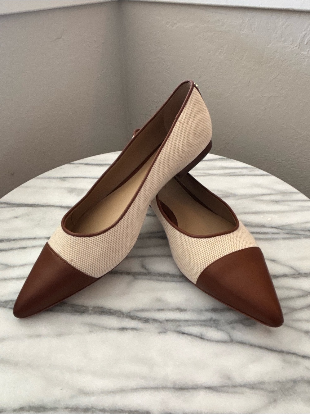 Ralph Lauren Pointed Toe Two-Tone Ballet Flats in Cream and Brown